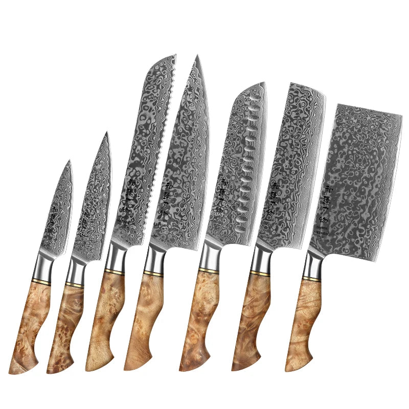 7 Pcs Kitchen Chef Knife Set Damascus Steel Figured Sycamore Wood Handle Luxury Sharp Kitchen Knives Cutter