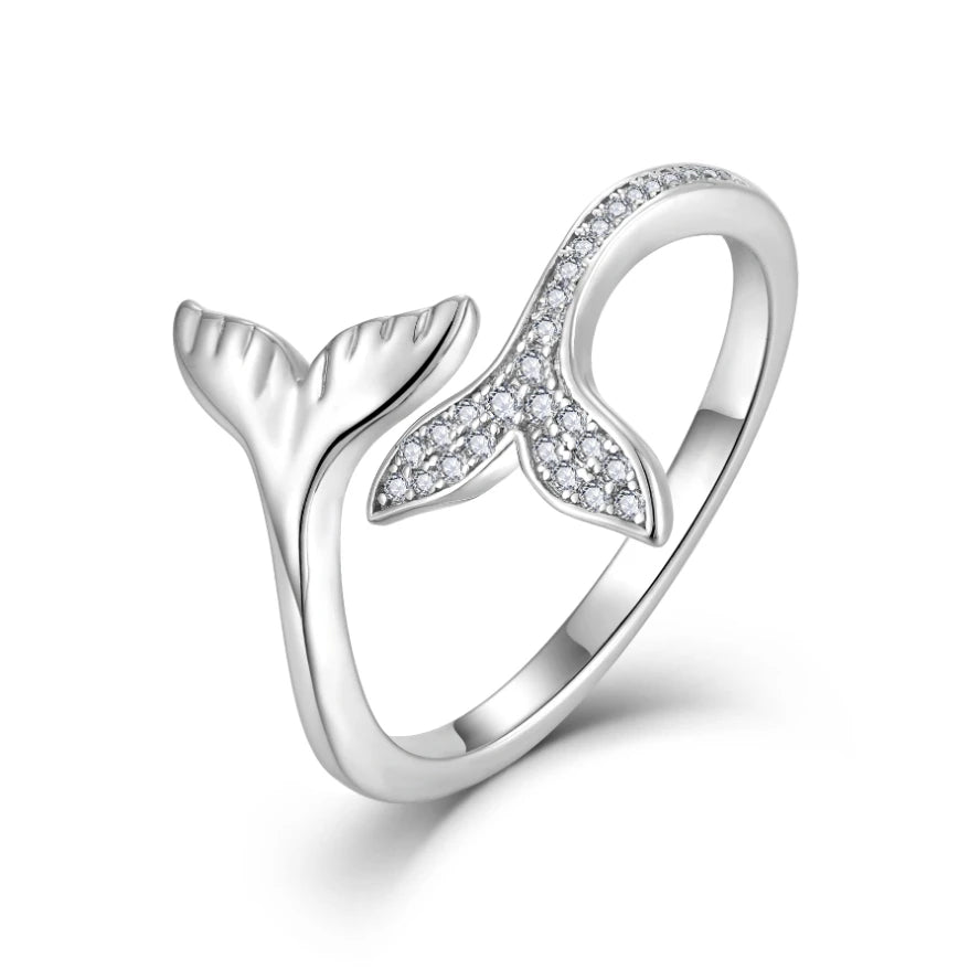 YILUN Rhodium Plated Cubic Zirconia Adjustable 925 Sterling Silver Mermaid Tail Ring for Women and Girls