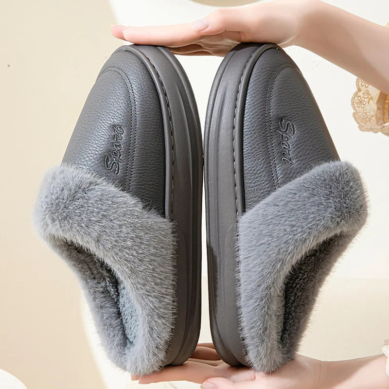 Boutique Pu Leather Waterproof Oversized Men's Warm Large White Thick Sole Cotton Shoes Plus Size Non-slip Cotton slippers