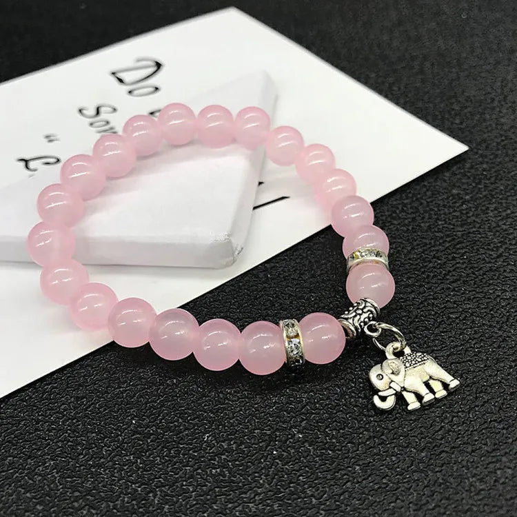 Wholesale Elephant Lucky Bag Charm Crystal Bracelet Translucent Glass Rose Quartz Elastic Beaded Bracelet for Women