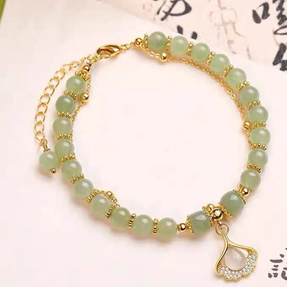 Classical Design Zircon Jade Beaded Dual Layered Bracelet with Gingko Apricot Leaf for Women