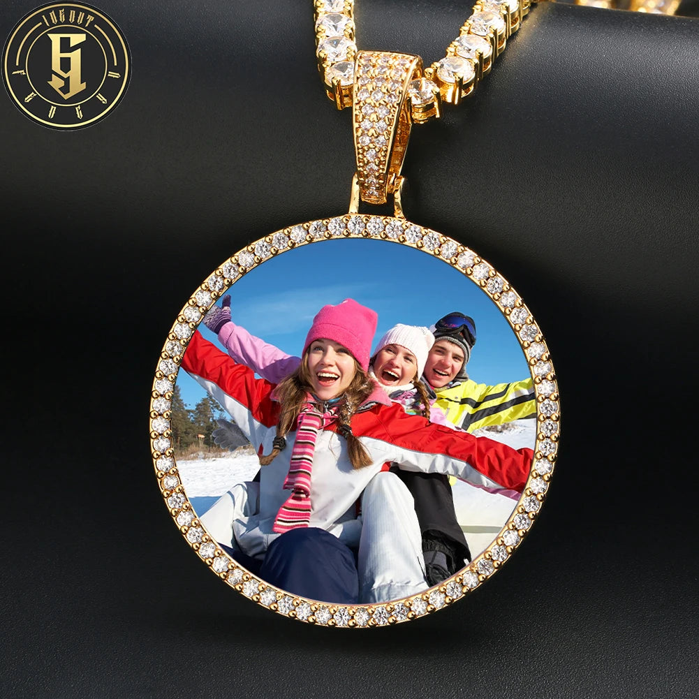 45mm Circle Iced Out Zircon Diamond Memorial Photo Pendant Necklace 18K Gold Plated Brass 5A CZ Hip Hop Jewelry