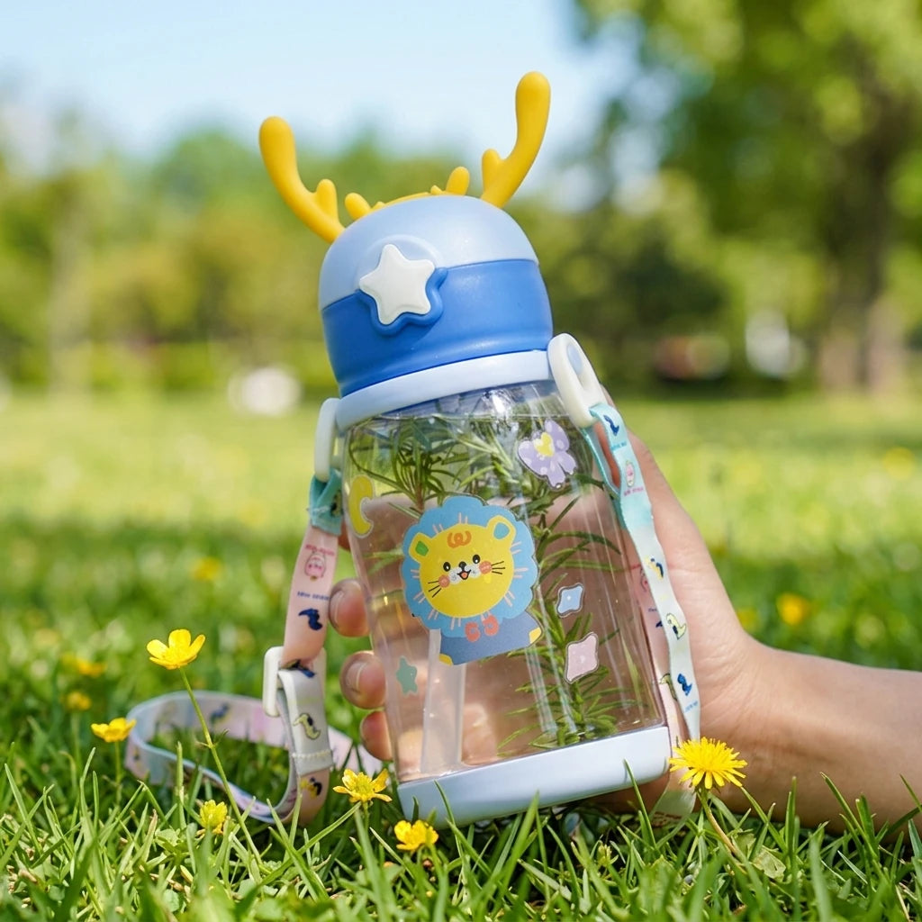 Children's Straw Water Cup Cartoon Antler Plastic Student Carrier Baby Large Capacity