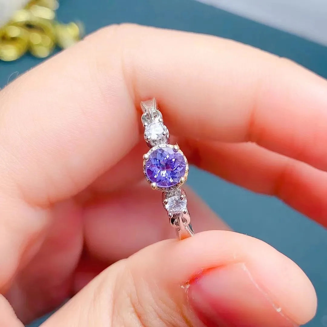 Jolly 925 Sterling Silver Tanzanite Engagement Ring with Prong Setting Classic Style Free Size Gold Plated Options