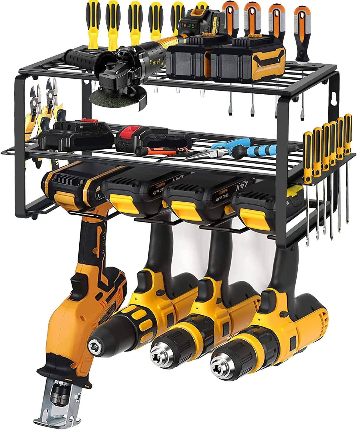 Heavy Duty Steel Power Tool Shelf Removable Drill Holder with Double Tiers Wall Mounted Coat & Tool Organizer
