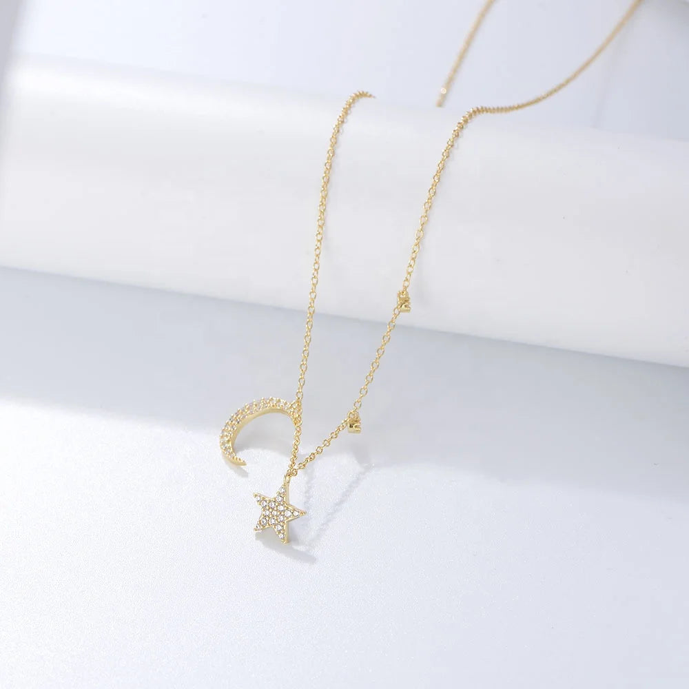 Minimalist S925 Sterling Silver Moon & Star Cubic Zirconia Pendant Necklace 14K Gold Plated Charm Necklace with Link Chain Girls
