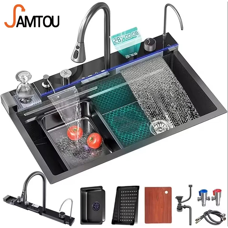 Luxury Multifunctional Kitchen Sinks Stainless Steel Sink Waterfall Rainfall Single Bowl Kitchen Sink Accessories with Cup Wash