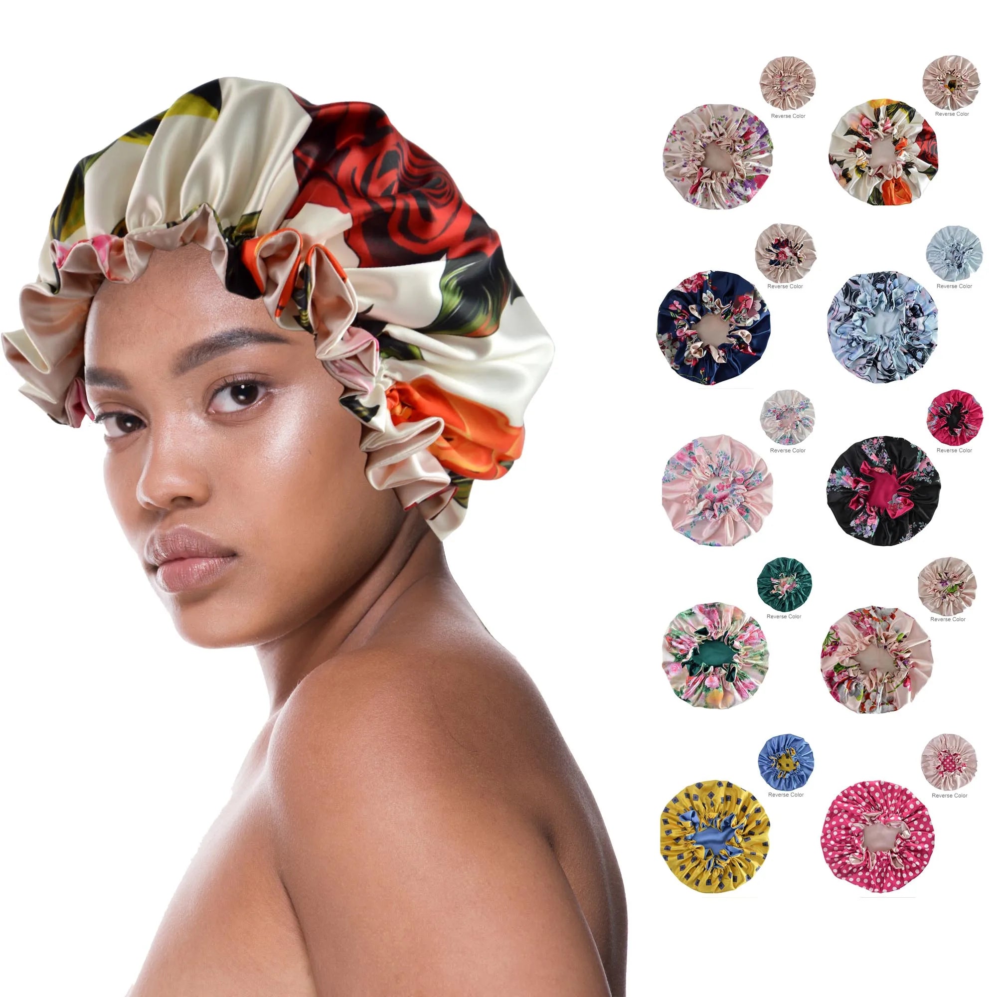 Wholesale Luxury Double-Layer Reversible Floral Silk Satin Hair Bonnet Solid Color Ruffle Edge Sleeping Cap for Daily Casual