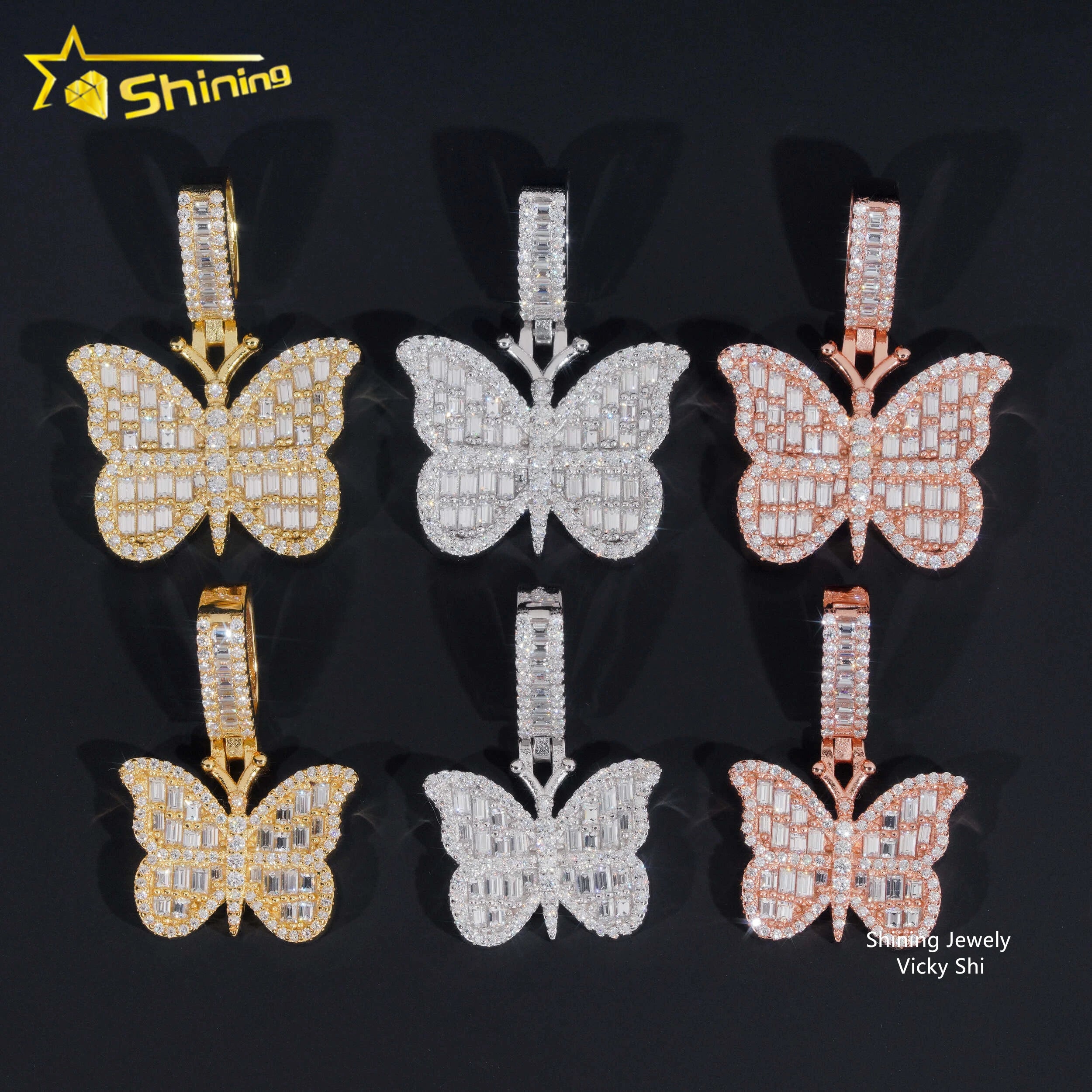 Iced Out Sterling Silver Charms Pendant Hip Hop Fine Pass Diamond Tester VVS Baguette Moissanite Diamond Butterfly Pendant