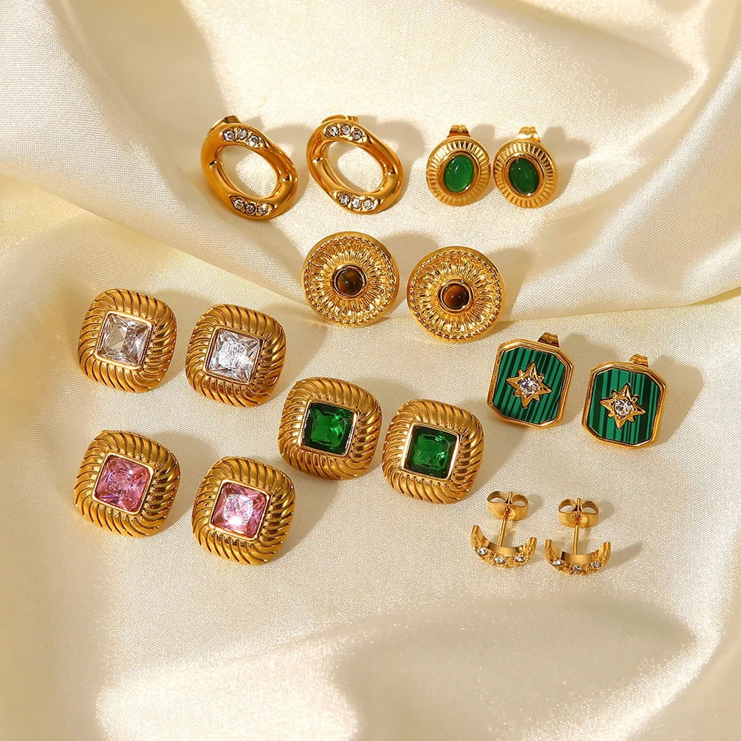Luxury Diamond Studs Earrings Fashion Vintage Stainless Steel 18k Gold Inlaid Zircon Natural Stone Earrings