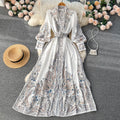 Spring Full Sleeve Stand Collar Print Casual Dress Women High Waist Lantern Sleeve Midi A-Line Dress Clothes Women Wholesale