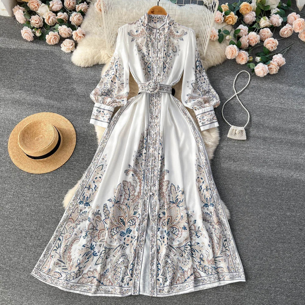 Spring Full Sleeve Stand Collar Print Casual Dress Women High Waist Lantern Sleeve Midi A-Line Dress Clothes Women Wholesale
