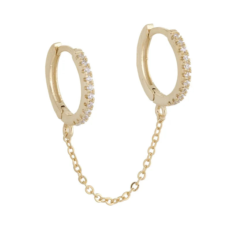 Gold Plated 925 Sterling Silver Geometric Single Tassel Chain Hoop Earrings Rose Gold Plated Micro Insert Unisex Women's Trendy