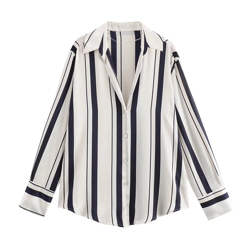 RNSHANGER Women Oversize Striped Shirt Vintage Lapel-neck Button-up Female Blouses Spring Long Sleeve Female Shirts