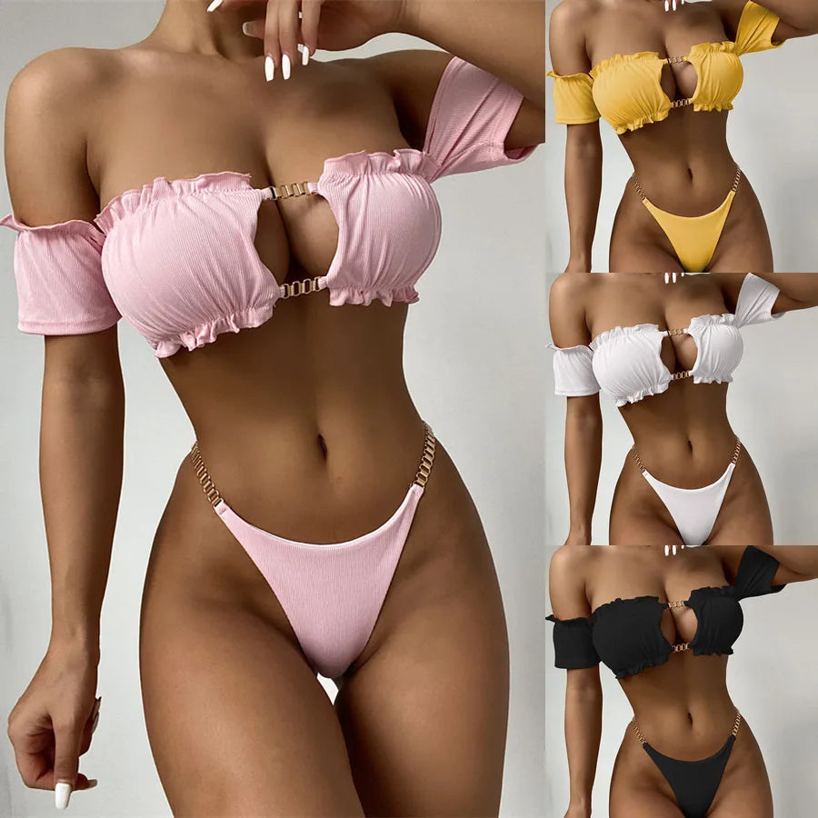 Sexy Off Shoulder Bikini Short Sleeve Swimsuit Women Bandeau Swimwear Ruffle Push up Bikinis Bathing Suit Swim