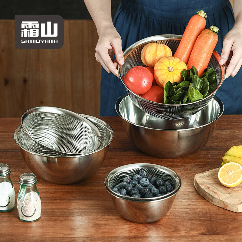SHIMOYAMA Cooking Salad Bowl 304 Stainless Steel Strainer Portable Anti-scalding Mixing Bowl Set