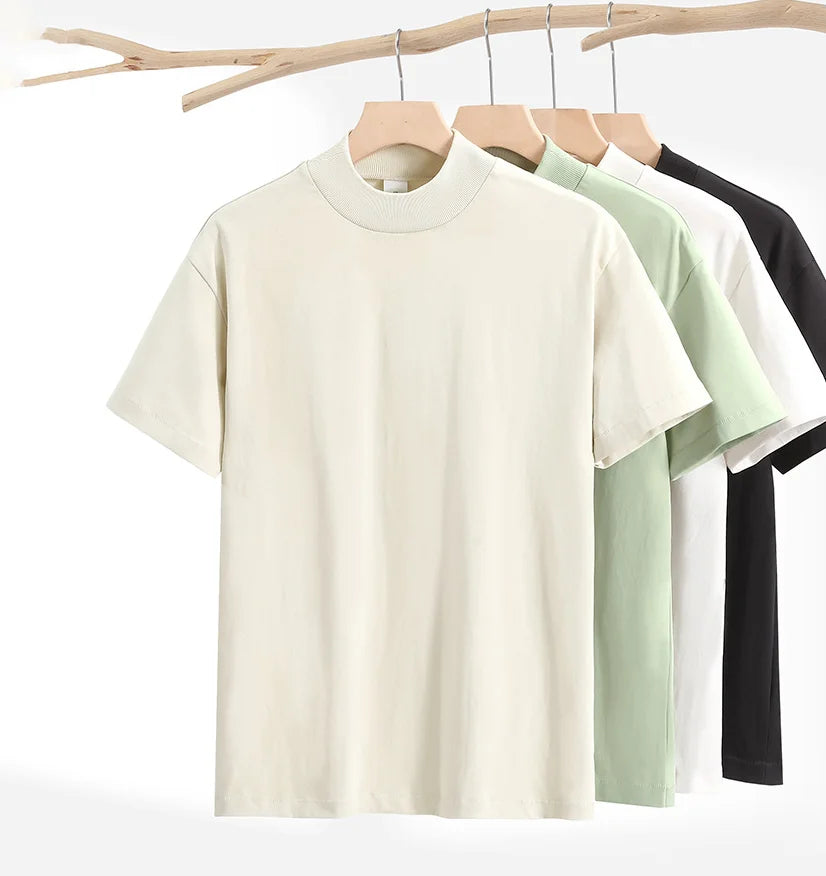 Men's Mock Neck T Shirts Short Sleeve Mock Turtleneck Oversize T-shirts 280gsm Causal Solid Tee Tops for Men