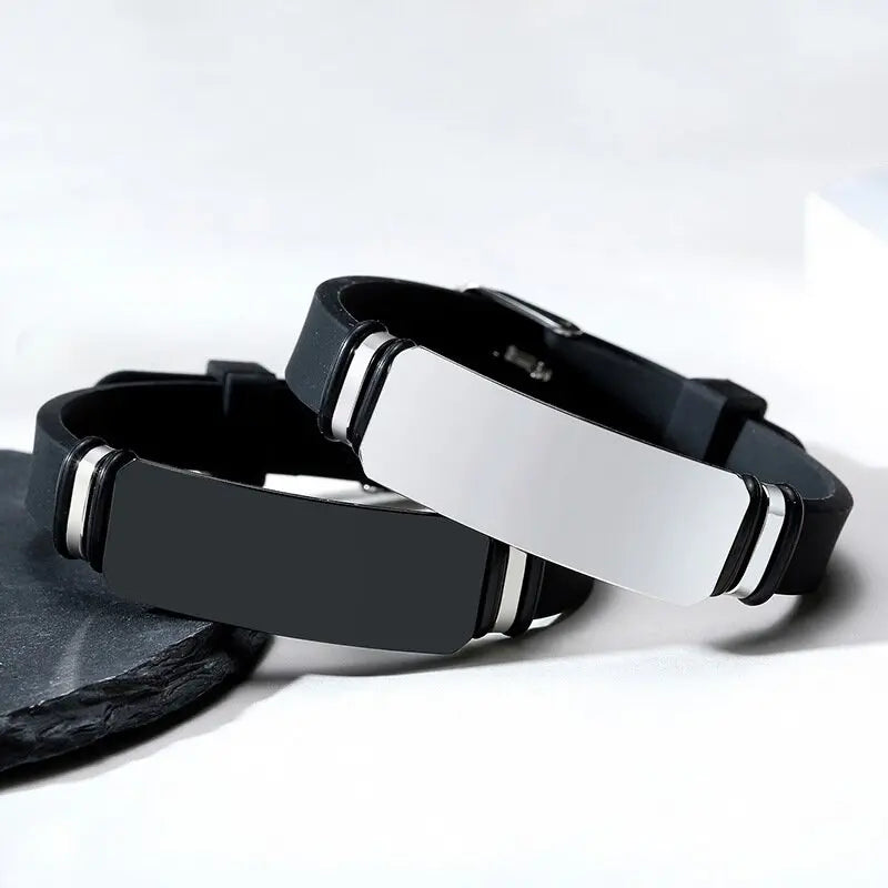 Custom Black Stainless Steel Fashion Bangle Wide Personalized Soft Silicone Rubber Wristband for Men Gents Dad or Husband
