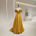 Jancember LDC6535 Stylish Yellow V-neck Ruffles Ball Gown Chapel Train Wedding Dress