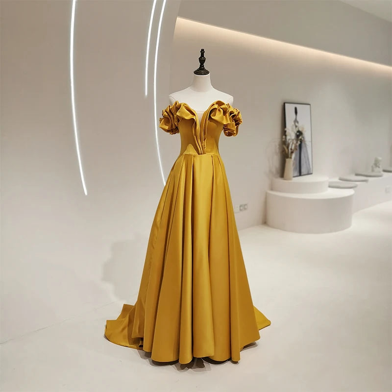 Jancember LDC6535 Stylish Yellow V-neck Ruffles Ball Gown Chapel Train Wedding Dress