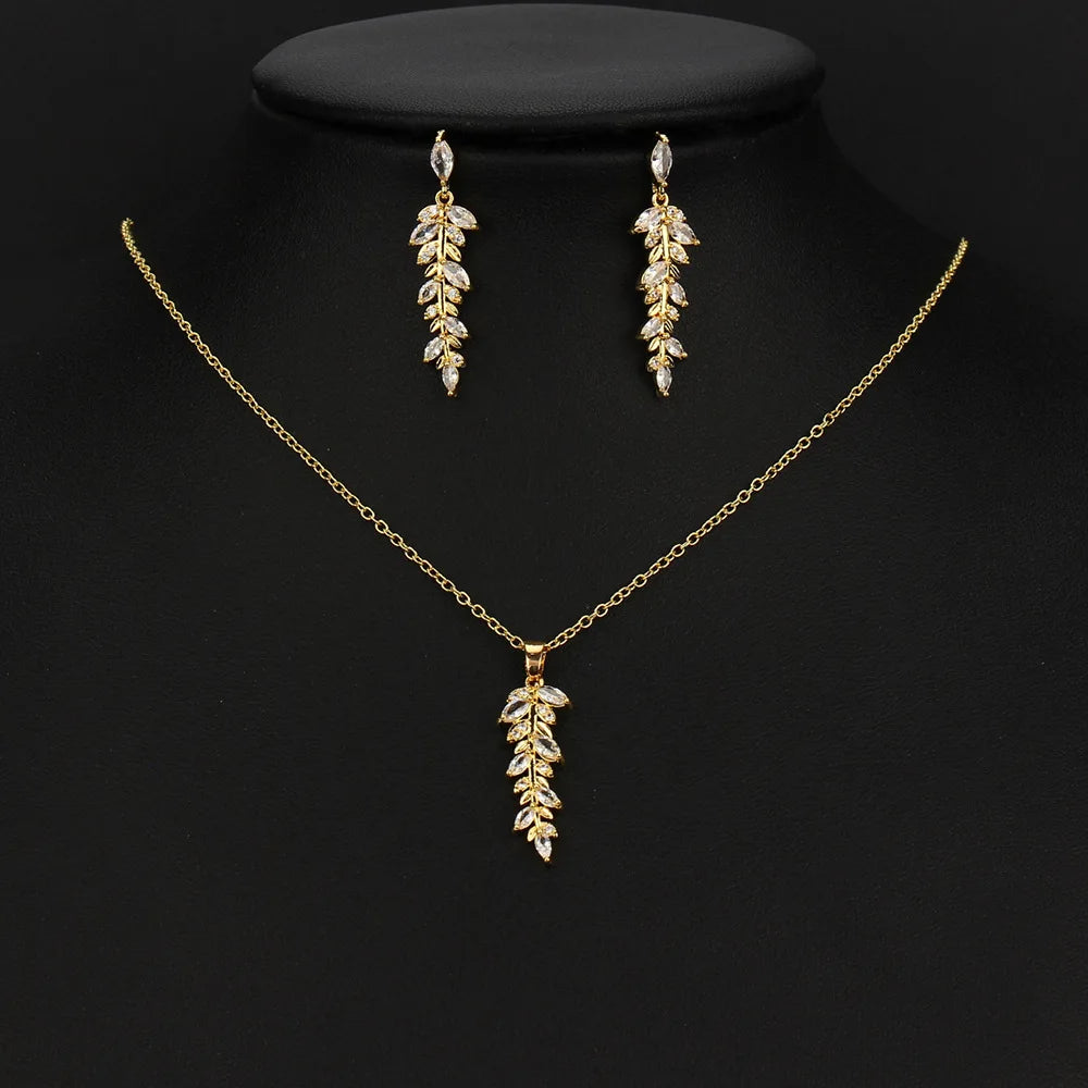 Vintage Classic Gold Plated Marquise Leaf Pendant Necklace Earring Set Cubic Zircon Crystals Women's Wedding Party Jewelry