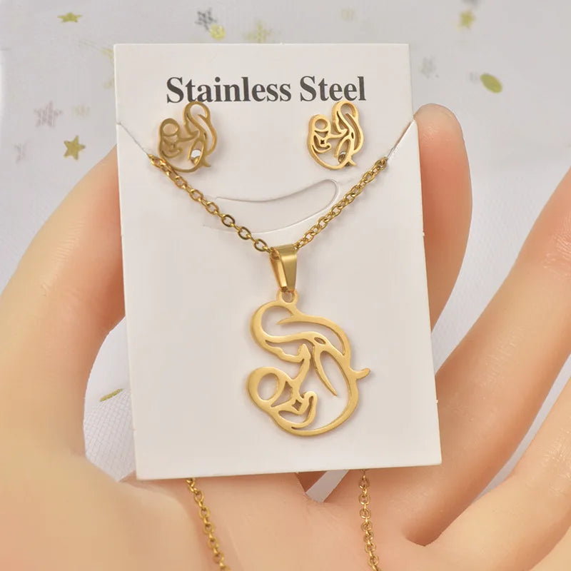 Rinhoo Gold Plated Stainless Steel Necklace Mother's Day Gift Love Heart Elephant Women Men Couple Necklace Earring Jewelry Set