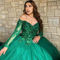 Prom Dresses Off the Shoulder Long Sleeve Handmade Flower Princess Vestidos De 15 Anos Emerald Green Quinceanera Dress MQ632