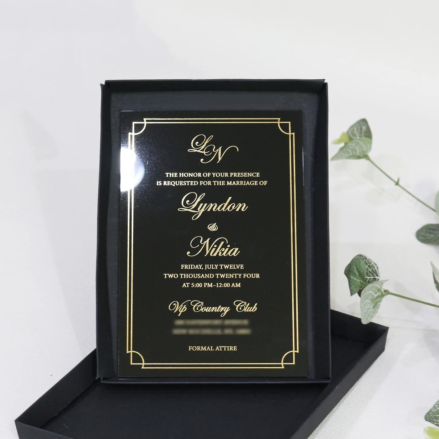 DIY Luxury Black and Gold Foil Acrylic Invite Great Paper Boxed Premium Handmade Wedding Acrylic Invitation Set