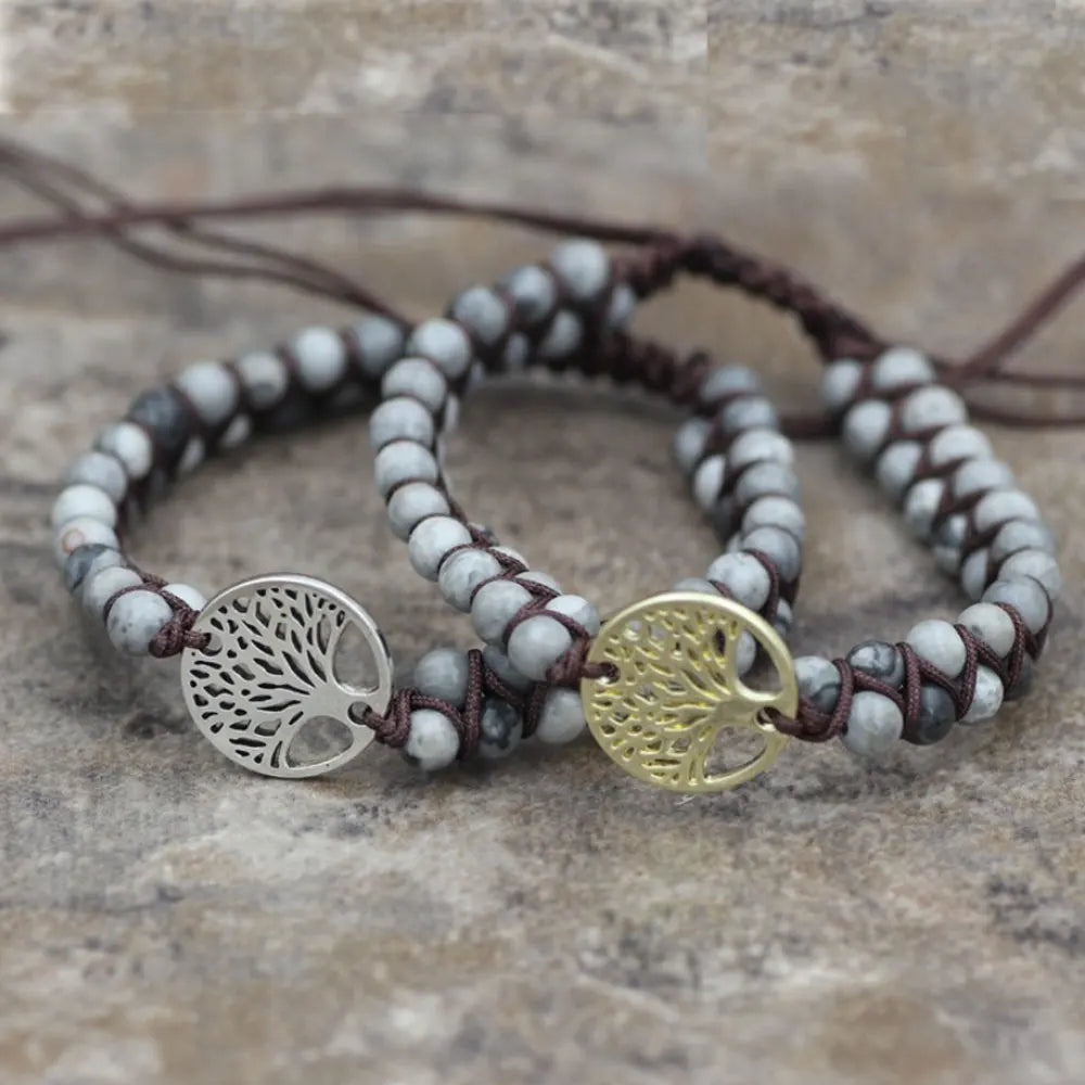 Handmade Adjustable Tree of Life Charm 4mm Grey Natural Stone Wrap Bracelet Jewelry