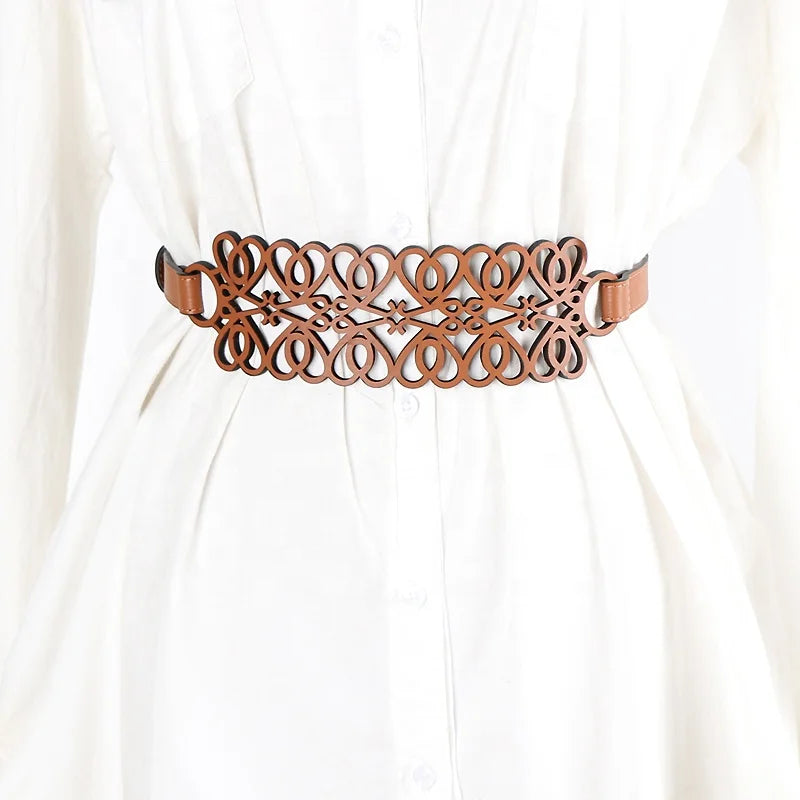 New Fashion Ladies PU Belts Decorative Hollow Alloy Pin Buckle Wide Waist Seal Adjustable Waist