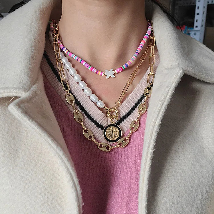 NC1092 Fashion Dainty Rainbow Polymer Clay Heishi Beaded White Shell Horoscope Zodiac Sign Charm Choker Necklace