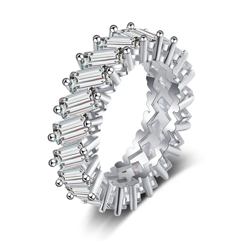 Korean Style Shiny Rhodium Plated Inlaid Square Zircon Diamond Ring Iced Out Baguette Ring for Women Engagement Wedding Jewelry
