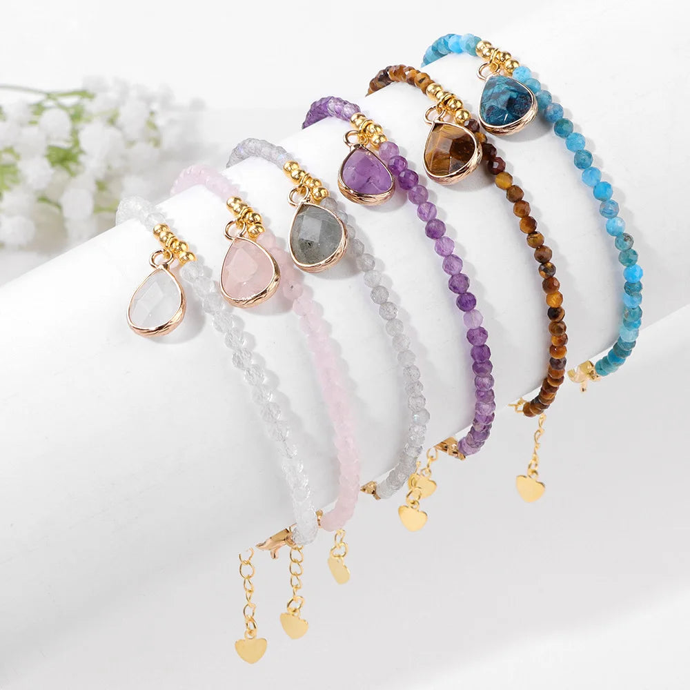 Dainty Natural Crystal Gemstone Gold Beads Bracelet Teardrop Charm Rose Quartz Stone Beaded Bracelet for Women Gift