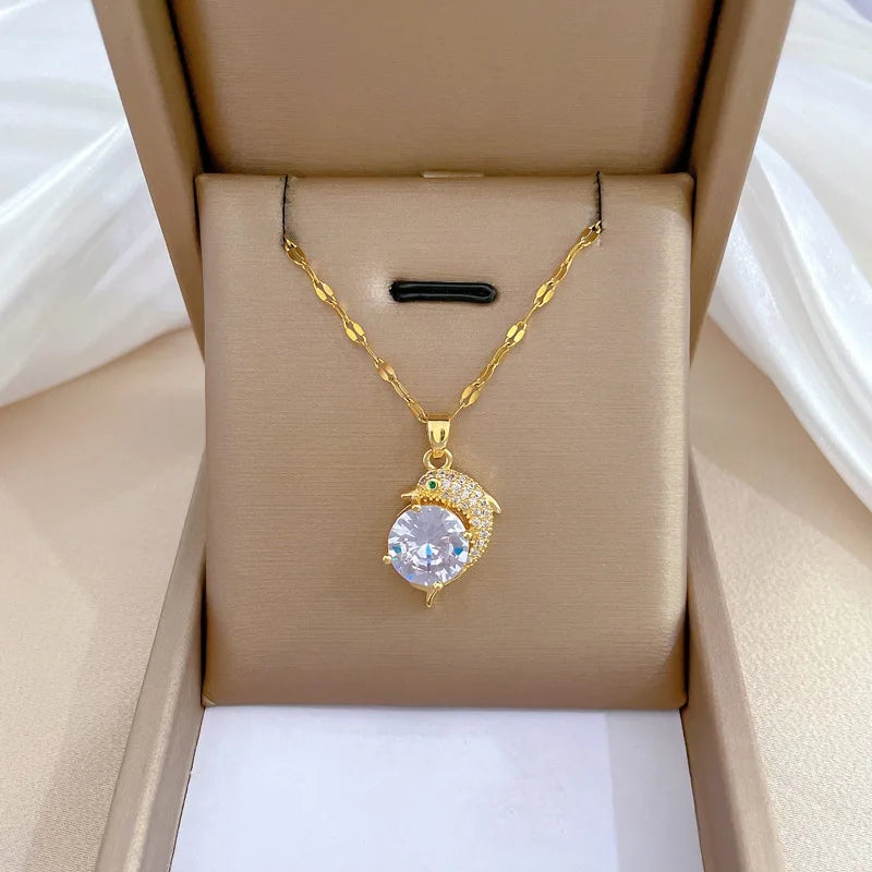 Titanium Steel Zircon Dolphin Diamond Pendant Necklace Charm Choker Chain for Women Wedding Engagement Stainless Steel Jewelry
