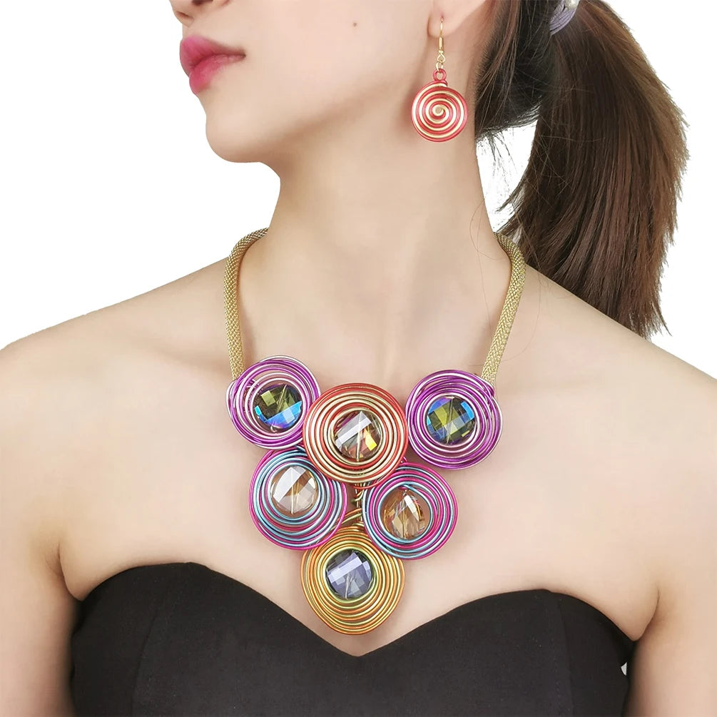 HANSIDON Personality Accessories Statement Jewelry Sets Crystal Beads Pendant Necklace Spiral Round Drop Earrings Fashion Set