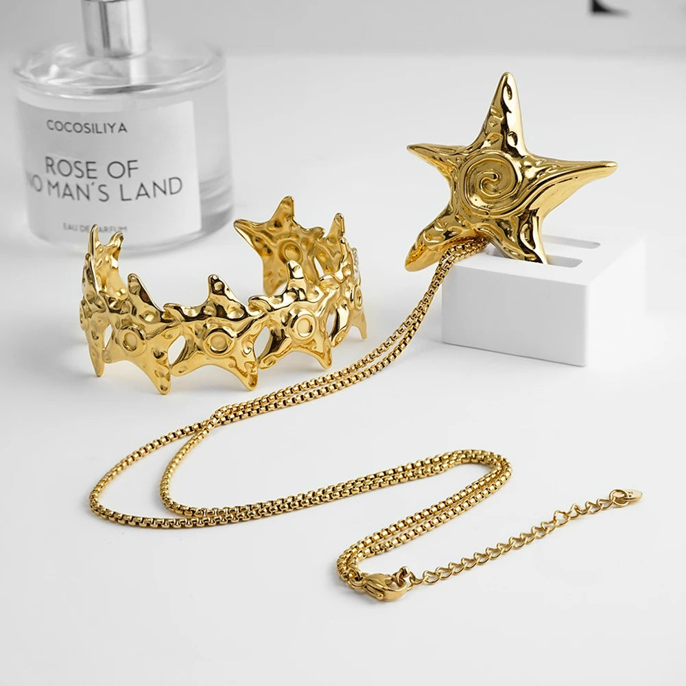 18K Gold Plated Stainless Steel Spiral Sea Star Pendant Necklaces Bangle Bracelet Waterproof for Woman Punk Jewelry Set B242492
