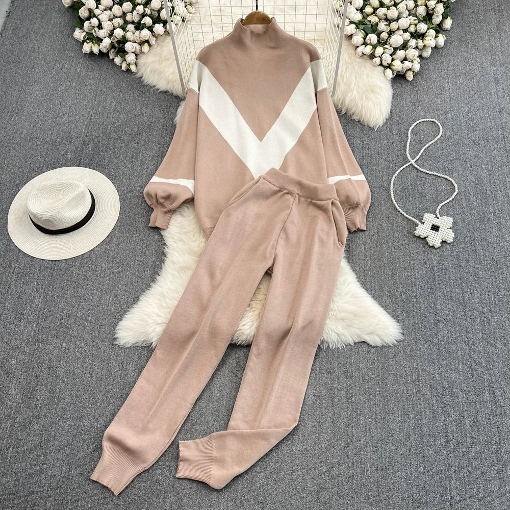 Casual Loose 2 Piece Set for Women Lantern Sleeve Top and High Waist Slim Knitted Dress Set Clothing Wholesale