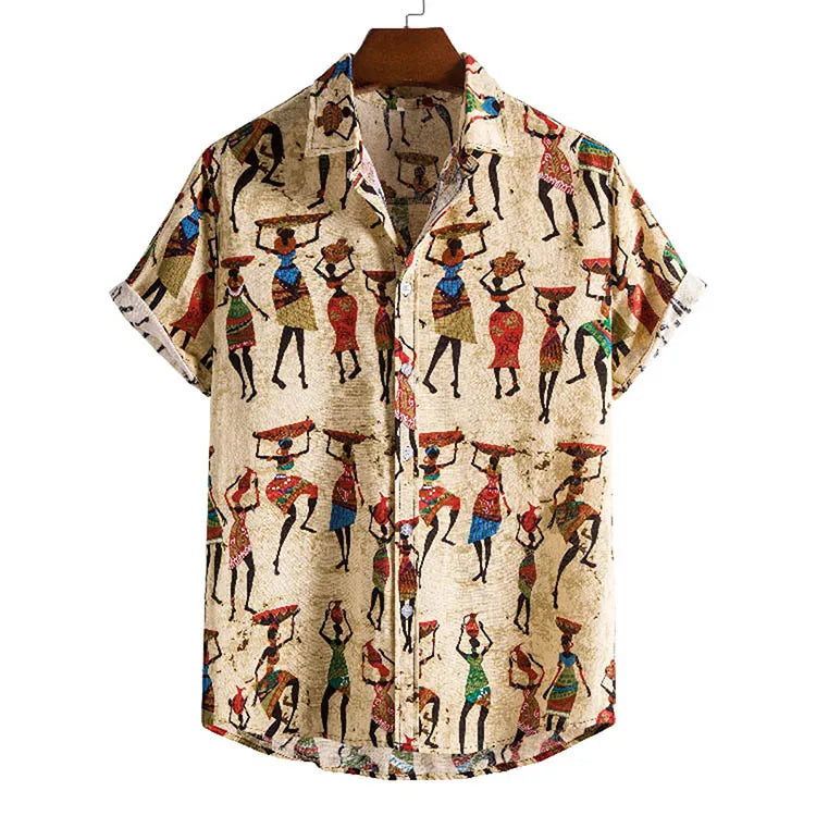 Fashion Patchwork Breathable Men Printed Shirt Summer Casual Streetwear Linen Short Sleeve Top