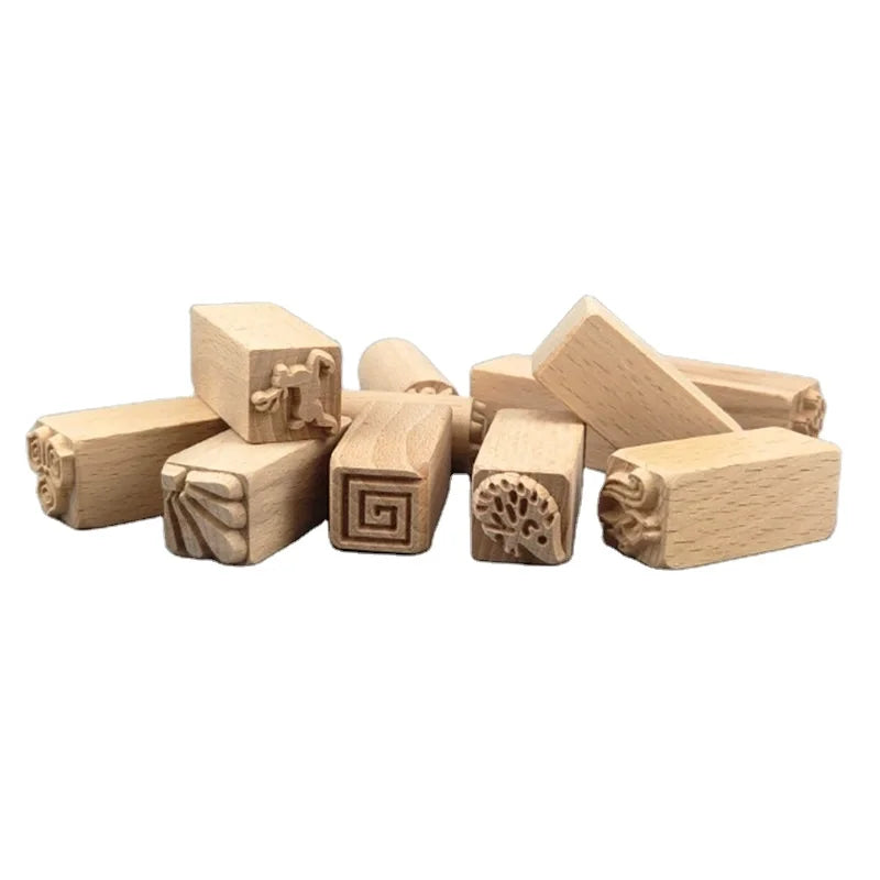 Tailai Wood Stamp Engraving Type Pottery Tools with Mixed Patterns Wooden Handle for Birthday Gift