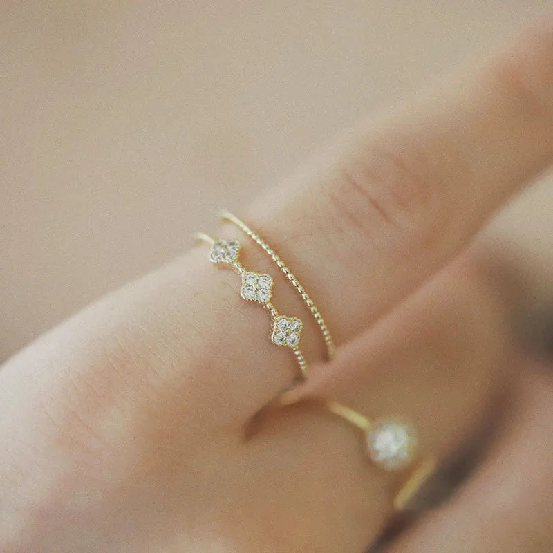 S925 Gold ultra Thin Clover Shaped Double Line Girls Fashion Ring