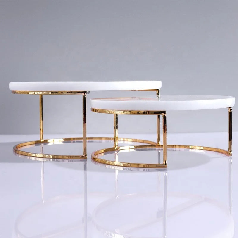 Modern Natural Marble Stone Round Display Stand Hotel Marble Fruit Plate Cake Plate With Metal Bottom