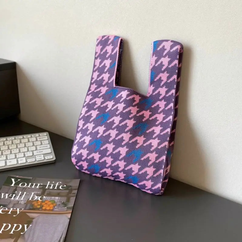 Elegant Pattern Knitting Fabric Small Eco Shopping Tote Handbag Women's Chequer Design Wool Crochet Hand Bags