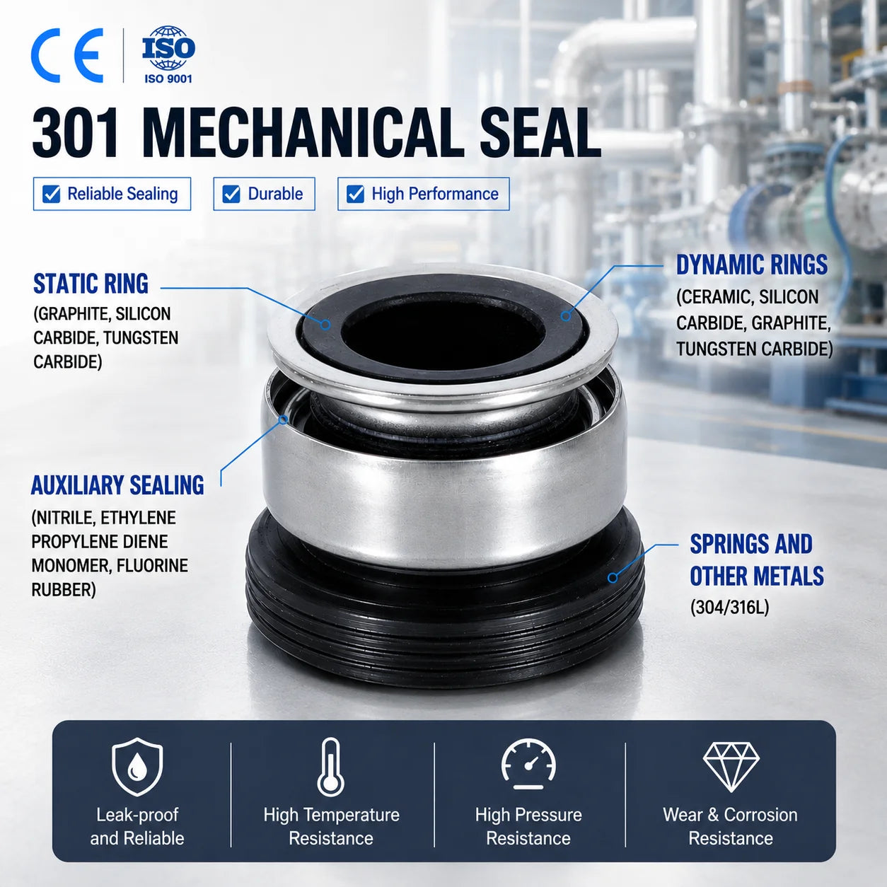 Free Sample Pump Seal 301 8-70mm SIC TC Ceramic End Face Seal High Temperature Mechanical Seal for Booster Pumps