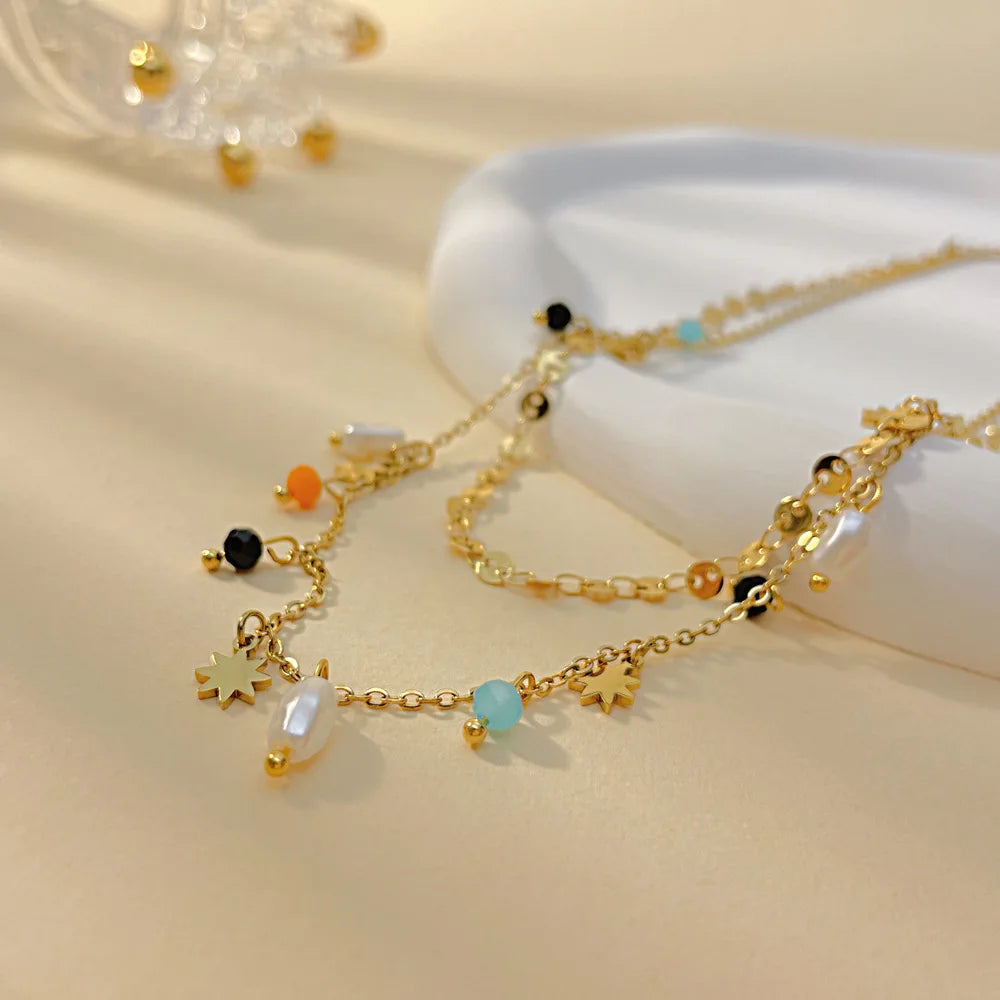 Wholesale 18K Gold Plated Women's Double Layer Necklace Colorful Pearl Fashion Accessory Christmas Gift