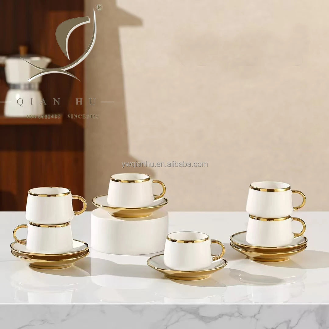 2025 New Arrival QIAN HU Porcelain Tea Cup Set Gold Coffee Cup Saucer with Small Order Advertising Decal for Party Gift Sets