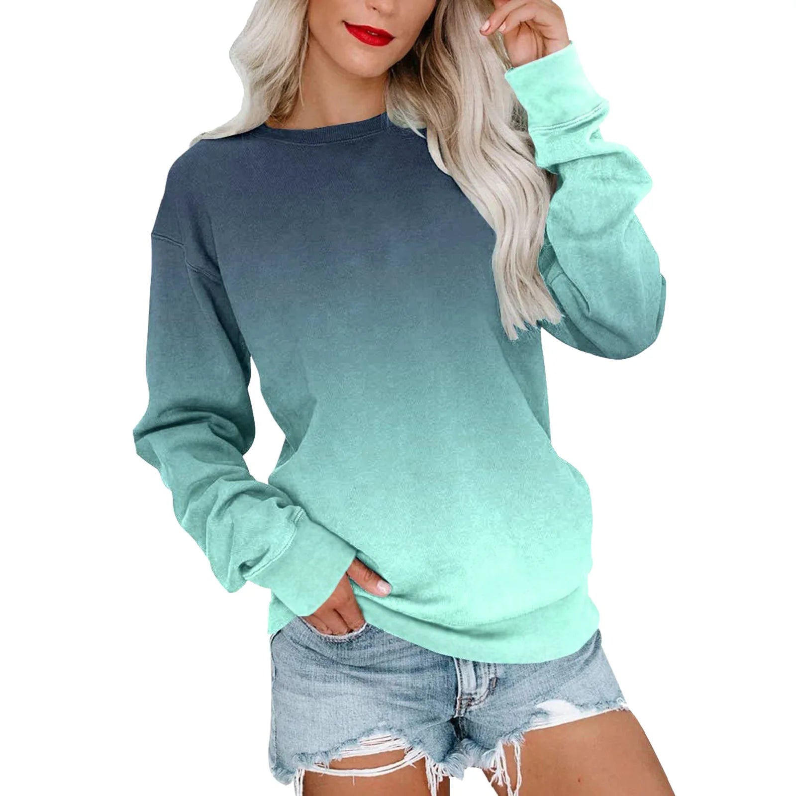 Womens Casual Long Sleeve Gradient Sweatshirt Crew Neck Cute Pullover Relaxed Fit Tops