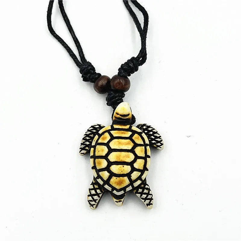 Vintage Sea Turtle Resin Pendant Necklaces Adjustable Braided Wax Rope Wood Bead Tortoise Turtle Necklace for Women Men