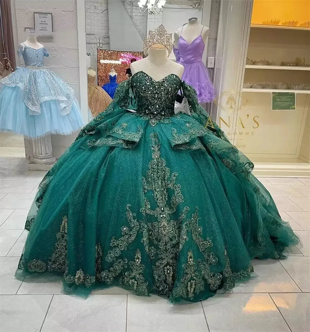 Ball Gown Birthday Party Dress Graduation Gown Princess Off the Shoulder Long Sleeve Green Quinceanera Dresses MQ660