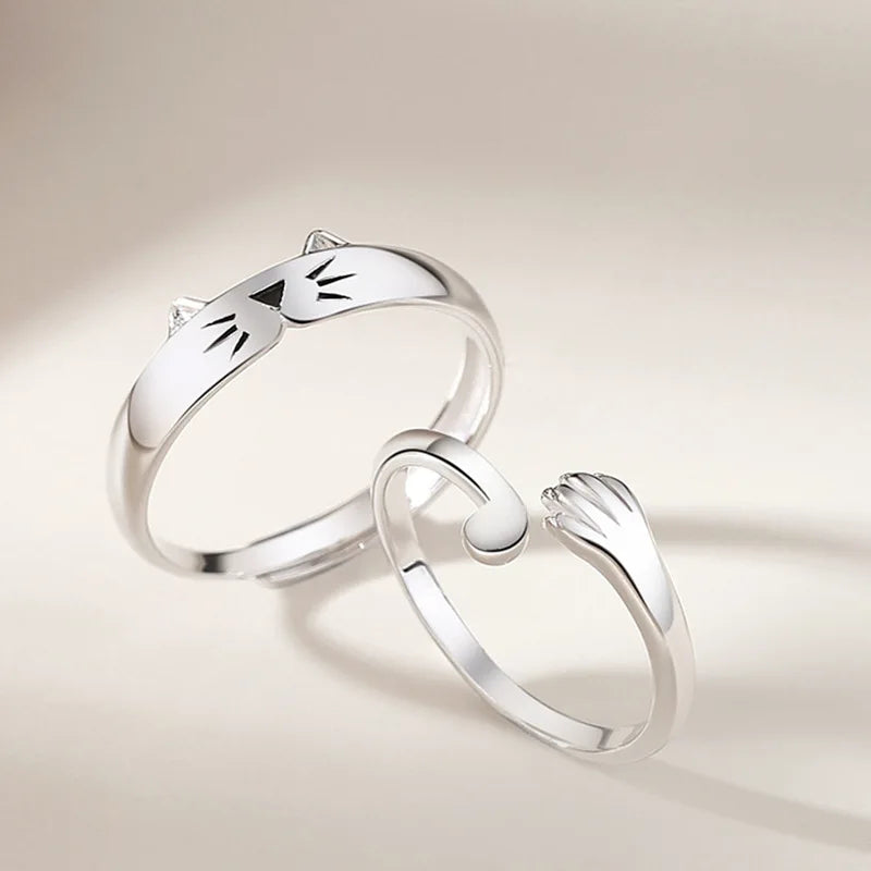 New Trendy Cute Lover Cat and Paw Couple Ring Trend Personality Open Ring for Lover Men Women Animal Paw Finger Ring