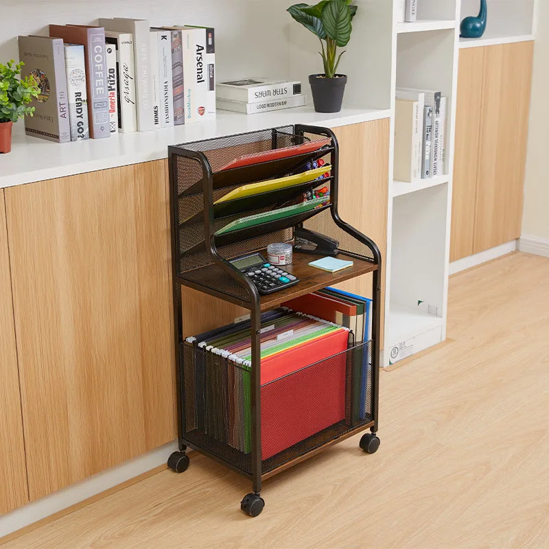 5 Tier PVC Standing File Organizer Black Rolling File Cart with Letter Tray and Pen Holder for Office Home or School